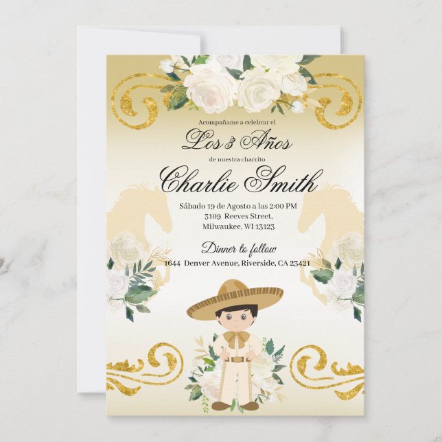 Spanish Mexican 3 años Gold Charro Invitation (Front)
