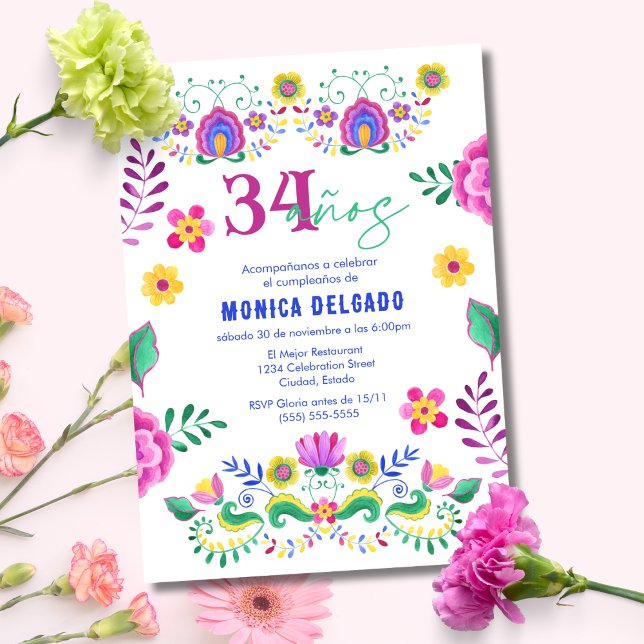 Spanish Mexican Fiesta Floral 34th Birthday Party Invitation (Creator Uploaded)