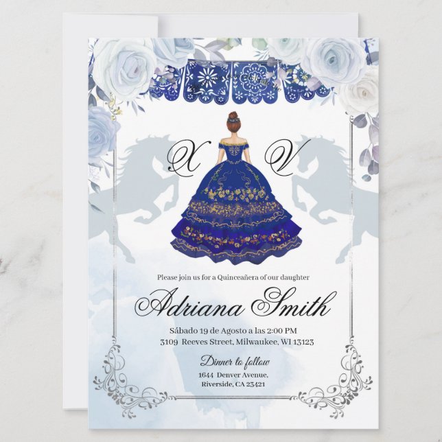 Spanish Mexican Mis Quince Navy Blue Silver Invitation (Front)