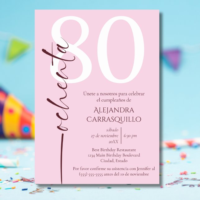 Spanish Minimalist Chic Pink White 80th Birthday  Invitation (Creator Uploaded)