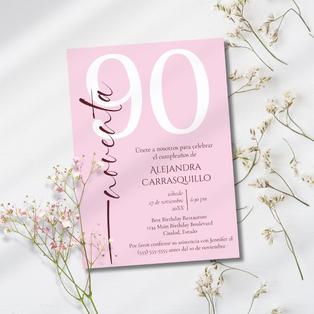 Spanish Minimalist Elegant Pink 90th Birthday  Invitation (Creator Uploaded)