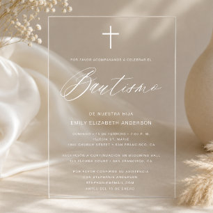 Spanish Minimalist Script White Baptism Acrylic Invitations