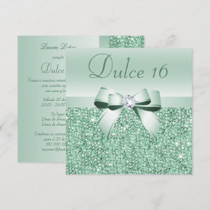 Spanish Mint Green Sequins, Bow & Diamond Dulce 16 Invitation