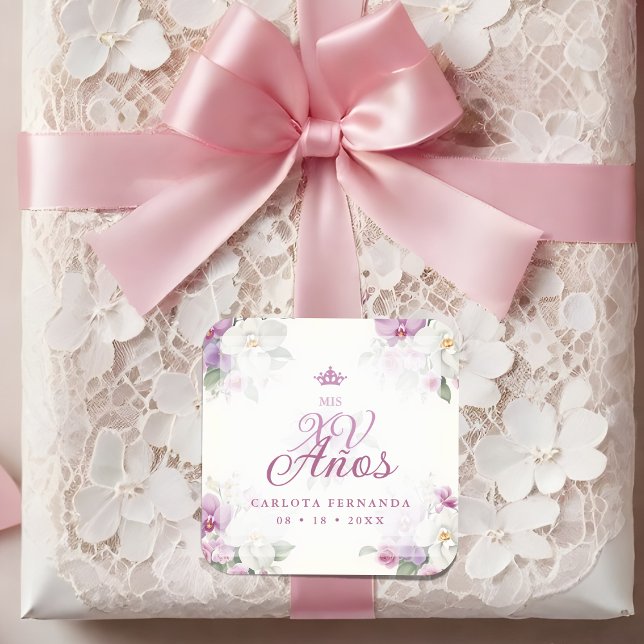Spanish Mis XV Exquisite Floral Orchids Bouquets Square Sticker (Spanish Romantic Exquisite Floral Orchids Bouquets Mis XV Años Square Sticker:)