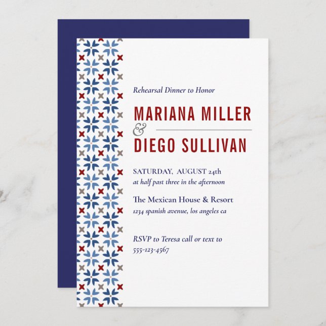 Spanish Navy and Red Tile Mediterranean wedding Invitation (Front/Back)