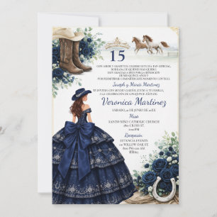 Spanish Navy Blue Floral Charro Princess 15 Años Invitation