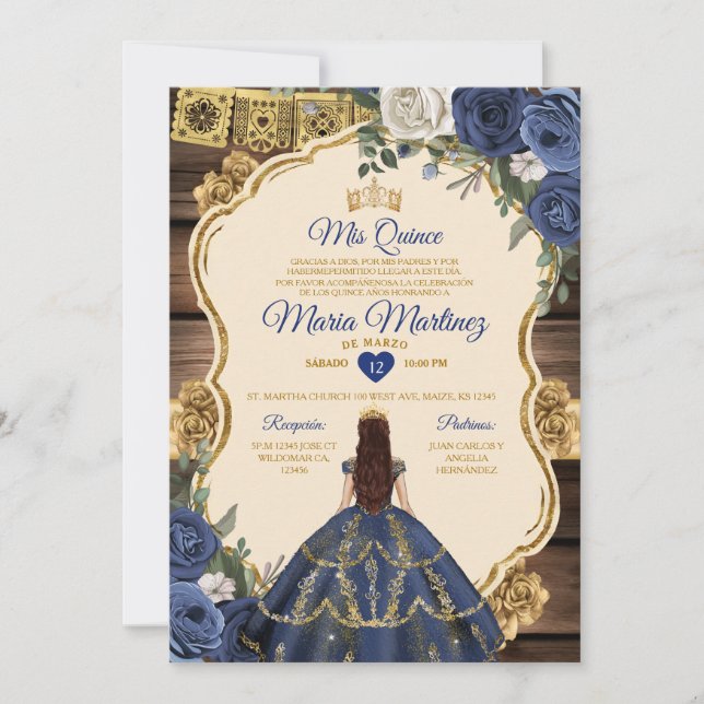 Spanish Navy Floral Wood Princess Quiñceanera Invitation (Front)