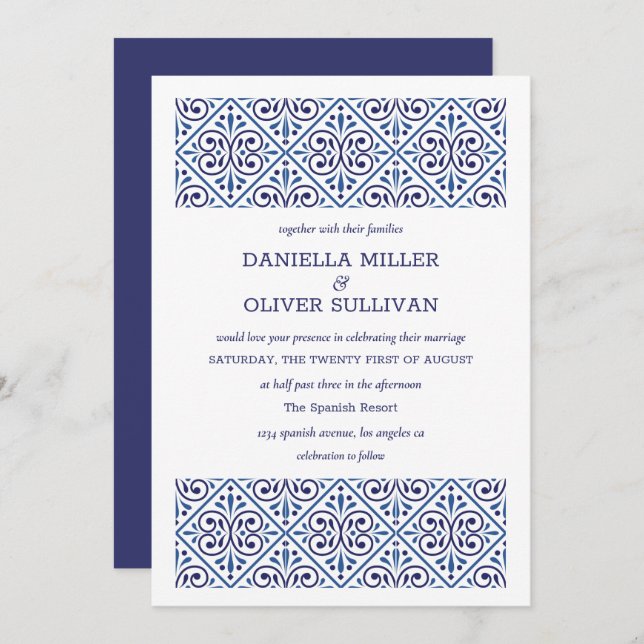 Spanish Navy Indigo Tile Mediterranean wedding Invitation (Front/Back)