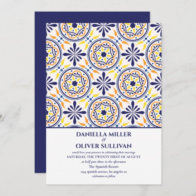 Spanish Navy Yellow Tile Mediterranean wedding Invitation (Front/Back)