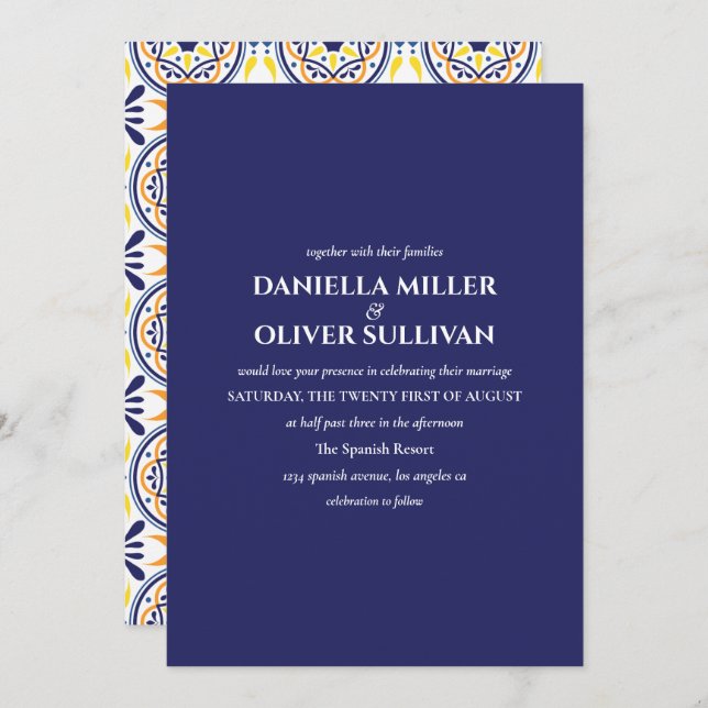 Spanish Navy Yellow Tile Mediterranean wedding Invitation (Front/Back)