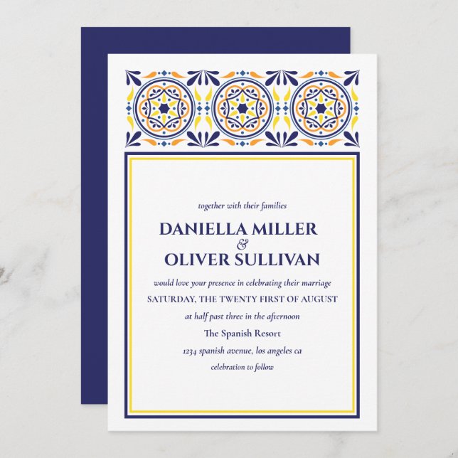 Spanish Navy Yellow Tile Mediterranean wedding Invitation (Front/Back)