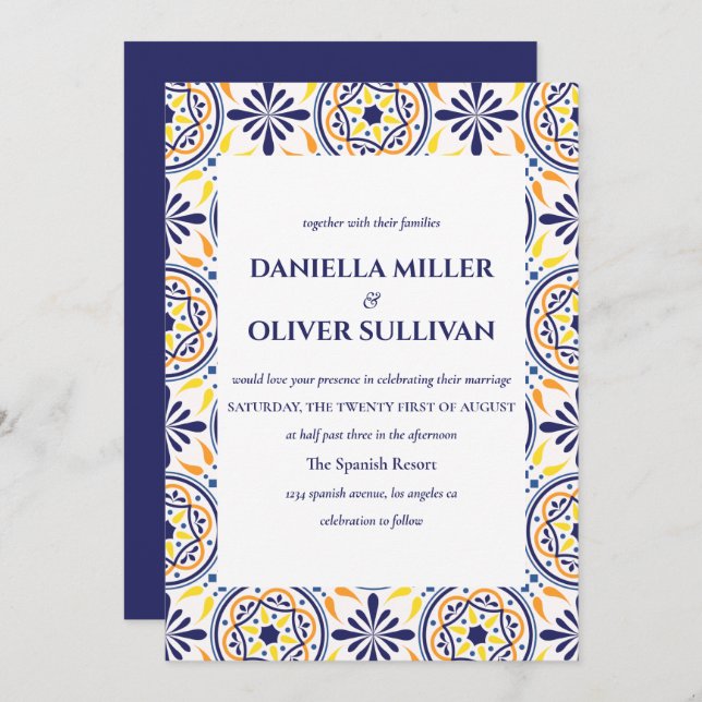 Spanish Navy Yellow Tile Mediterranean wedding Invitation (Front/Back)