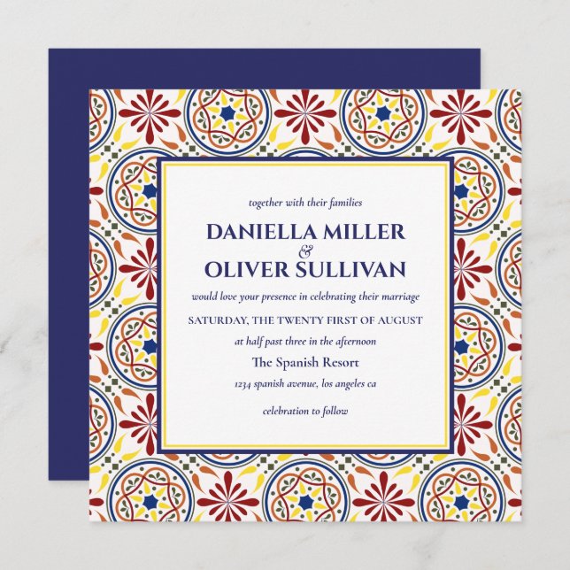 Spanish Navy Yellow Tile Mediterranean wedding VD Invitation (Front/Back)