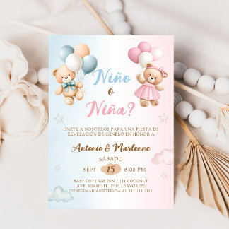 Spanish Nino o Nina Bear Balloon Gender Reveal Invitation