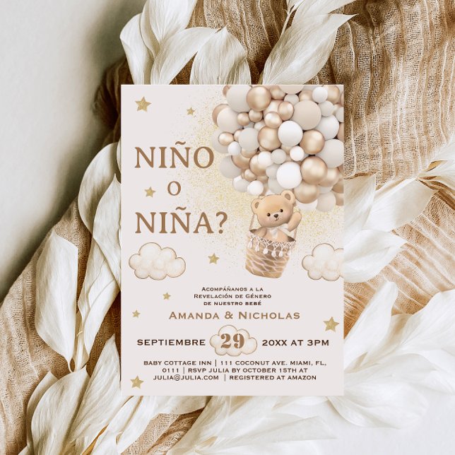 Spanish Nino o Nina Bear Gender Reveal Invitation (Creator Uploaded)