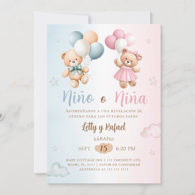 Spanish Nino o Nina Teddy Bear Gender Reveal Invitation (Front)