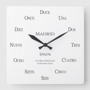 Spanish Numbers Personalized Place and Time Zone Square Wall Clock
