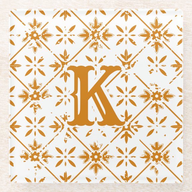 Spanish Pattern Distressed Tile |  Glass Coaster (Front)