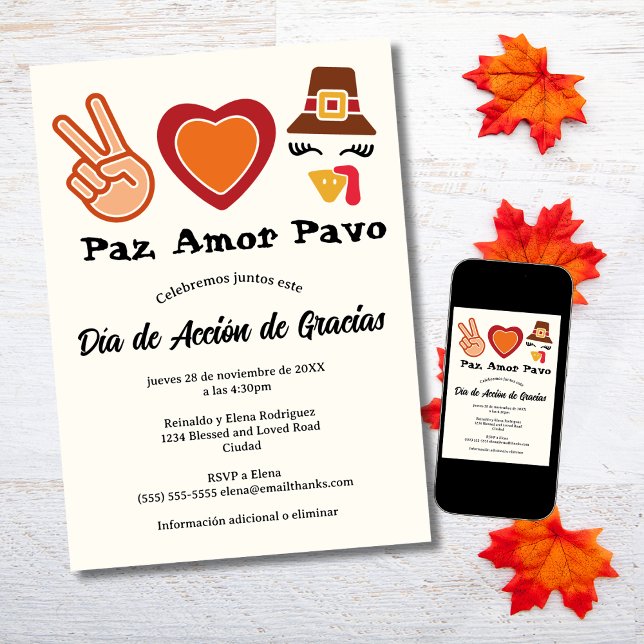 Spanish Peace Love Turkey Thanksgiving Day Invitation (Creator Uploaded)