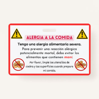 Spanish Peanut Allergy Alert Chef Card  ID Badge