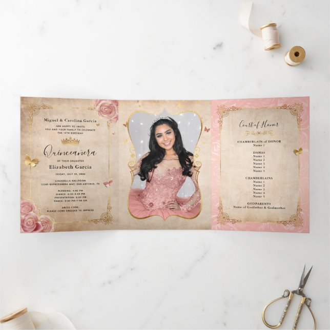 Spanish Photo Blush Pink Rose Gold Quinceanera Tri-Fold Invitation (Inside)