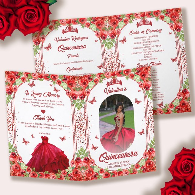 Spanish Photo Red Glitter Floral Quinceanera Programme (Spanish Photo Red Glitter Floral Quinceanera Program)