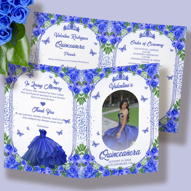 Spanish Photo Royal Blue Quinceanera Programme (Spanish Photo Rose Gold Blush Pink Quinceanera Program)