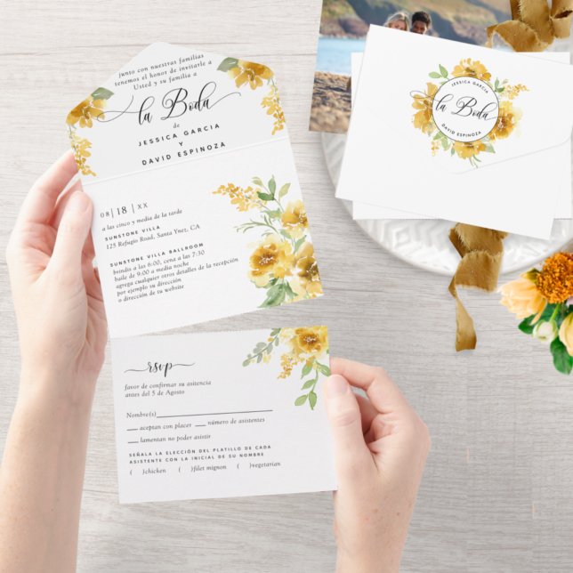 Spanish Photo, Yellow Floral Wedding Tear Off RSVP All In One Invitation (Creator Uploaded)