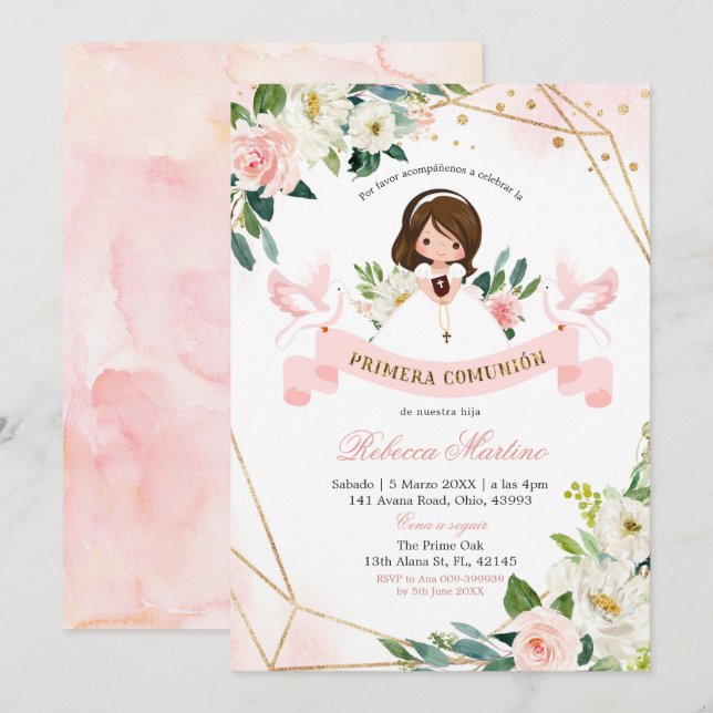 Spanish Pink and Gold Floral Girl Primera comunion Invitation (Front/Back)