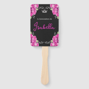 SPANISH PINK & BLACK QUINCEAÑERA - ELEGANT ROSES HAND FAN