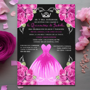 SPANISH PINK & BLACK QUINCEAÑERA - ELEGANT ROSES  INVITATION