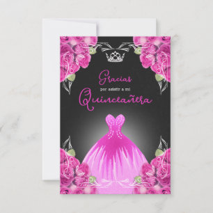 SPANISH PINK & BLACK QUINCEAÑERA - ELEGANT ROSES THANK YOU CARD