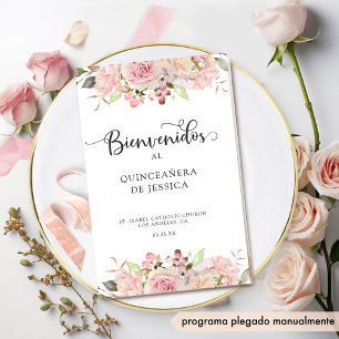 Spanish, Pink Blush Rose Gold Quinceanera Program