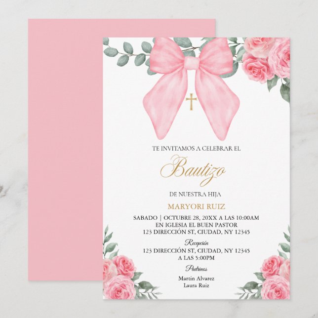 Spanish Pink bow florals girl Baptism Invitation (Front/Back)