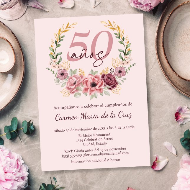 Spanish Pink Elegant Floral 50th Birthday Party Invitation (Creator Uploaded)