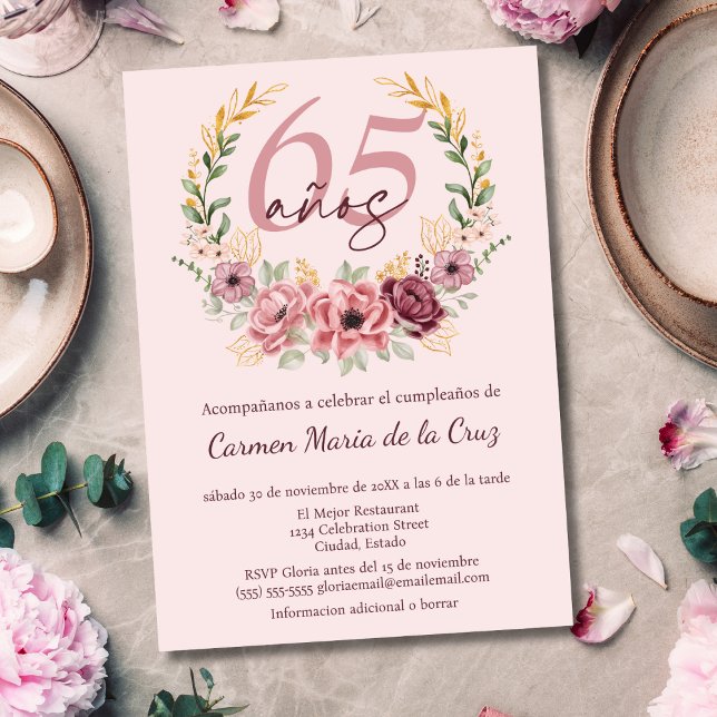 Spanish Pink Elegant Floral 65th Birthday Party Invitation (Creator Uploaded)