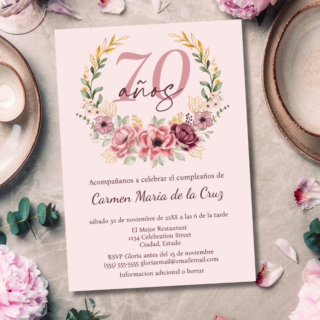 Spanish Pink Elegant Floral 70th Birthday Party Invitation (Creator Uploaded)