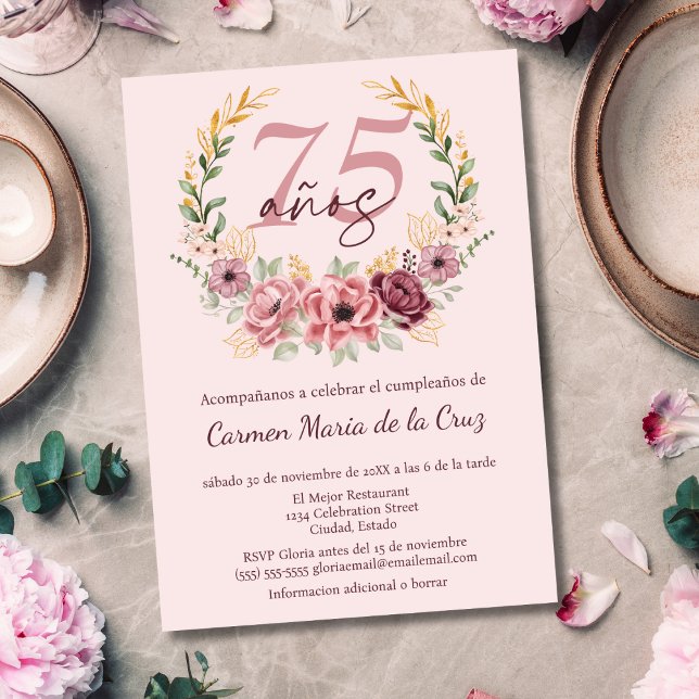 Spanish Pink Elegant Floral 75th Birthday Party Invitation (Creator Uploaded)