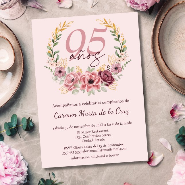 Spanish Pink Elegant Floral 95th Birthday Party Invitation (Creator Uploaded)