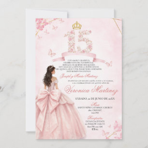 Spanish Pink Floral 15 Años Princess Dress Quince Invitation