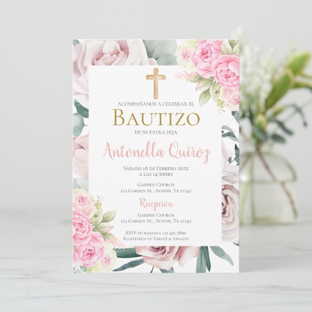 Spanish Pink Floral Baptism Girl Invitation (Standing Front)
