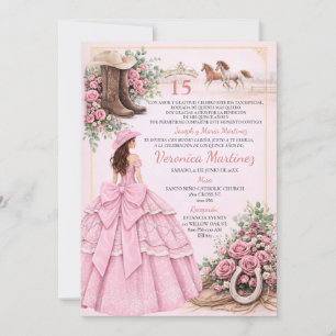 Spanish Pink Floral Charro Girl Country 15 Años Invitation