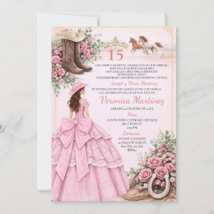 Spanish Pink Floral Charro Girl Country 15 Años Invitation