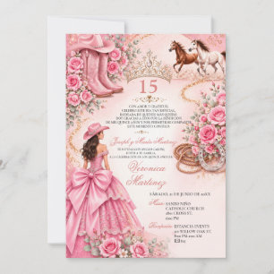 Spanish Pink Floral Charro Princess Sweet 15 Años Invitation