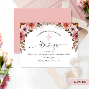 Spanish Pink Floral Girl's Baptism Thank You Card