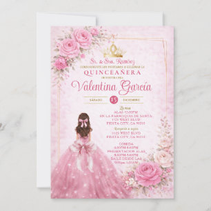Spanish Pink Floral Quinceañera Blush Princess Invitation