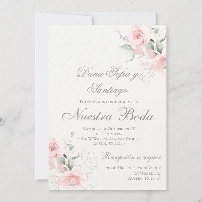 Spanish Pink Floral Wedding Invitation (Front)