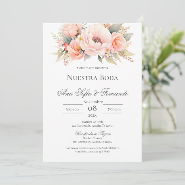 Spanish Pink Floral Wedding Invitation (Standing Front)