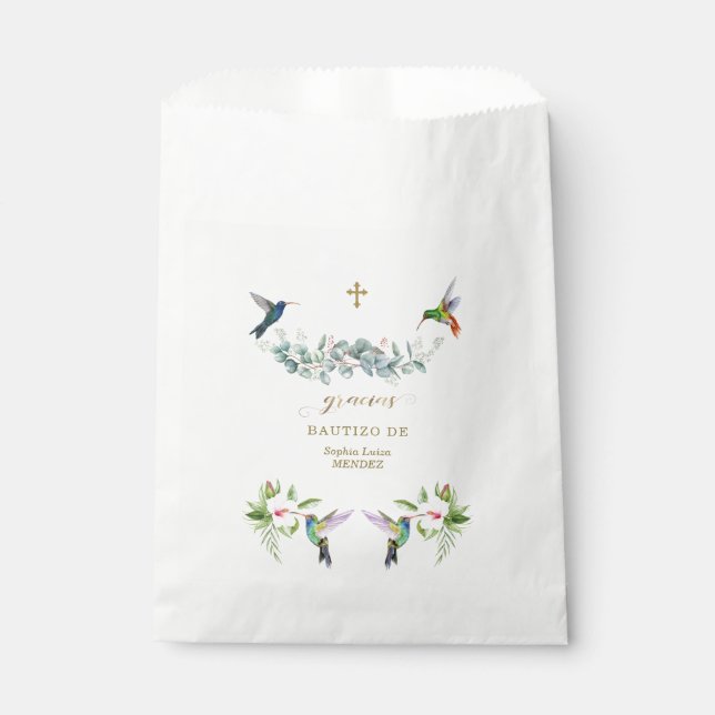 Spanish Pink Hibiscus Flowers Eucalyptus Bautizo Favour Bags (Front)