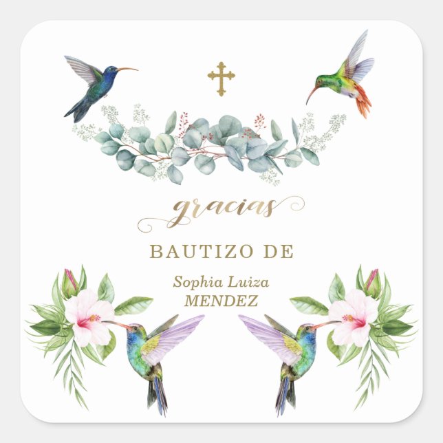 Spanish Pink Hibiscus Flowers Eucalyptus Bautizo Square Sticker (Front)